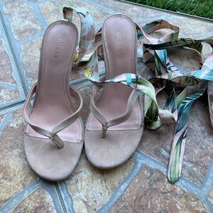 GUESS Heeled Thong Sandals with Floral Wrap Straps